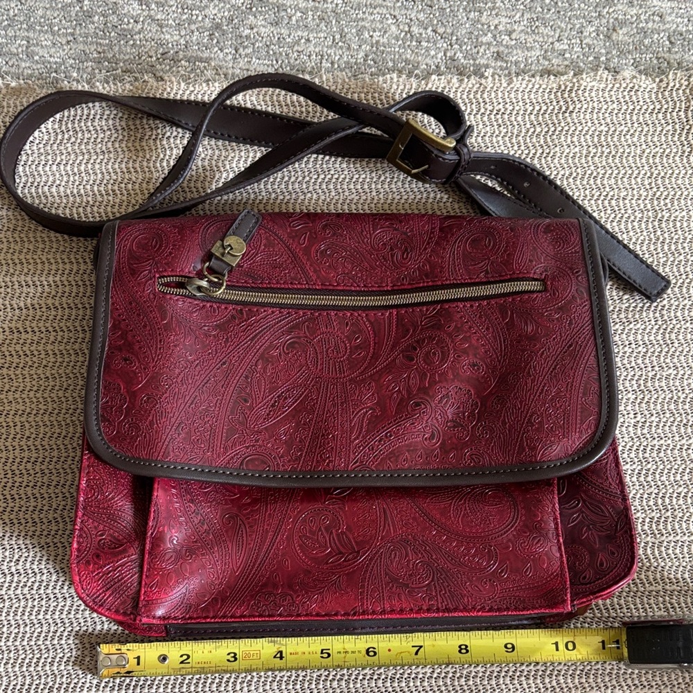 Relic Embossed Paisley Burgundy Shoulder Bag with Brown Strap